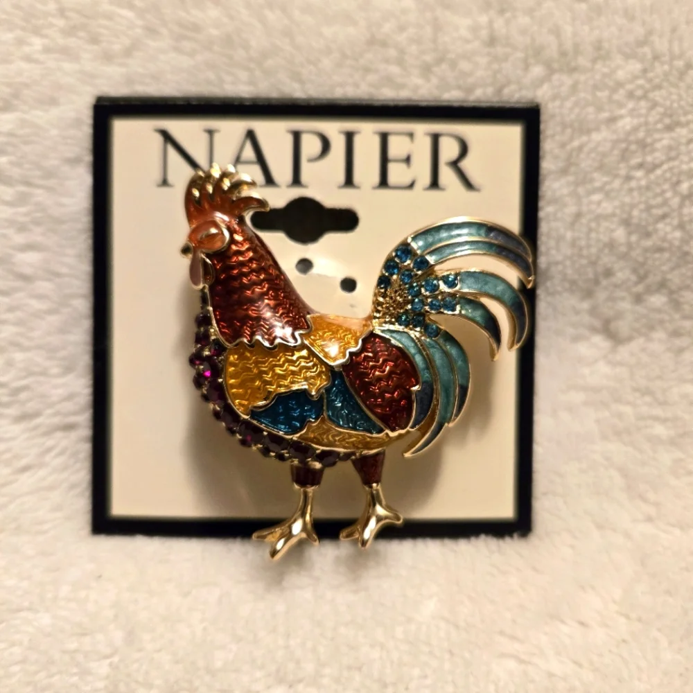 Napier New Gold Toned Red/Gold/Green/Blue Rooster Pin Brooch Red & Blue Stones